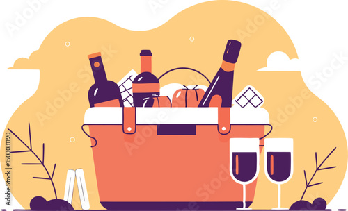 Picnic basket with wine and glasses for a romantic outing in a flat illustration