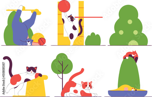 Playful cats engaging in outdoor activities with trees and abstract landscape elements