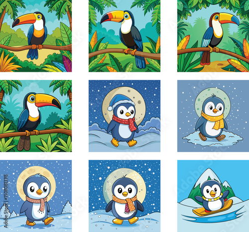 set of funny cartoon penguin