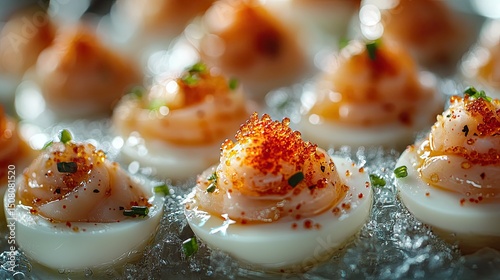 A close up shot of deviled eggs topped with caviar and herbs on a bed of ice crystals