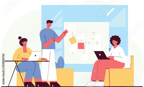 Team collaboration and brainstorming session with flowchart presentation in modern office