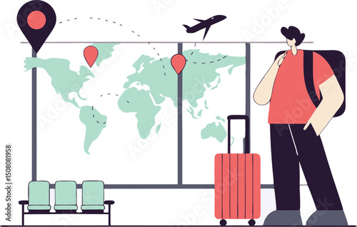 Traveler planning international trip with world map airport baggage and airplane concept
