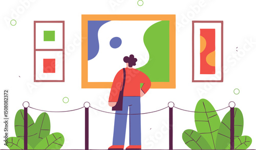 Visitor contemplating artwork in an art gallery with modern colorful abstract paintings