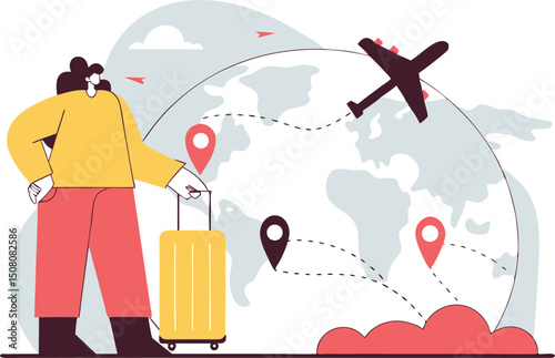 Woman traveler planning a trip around the world with suitcase and airplane illustration