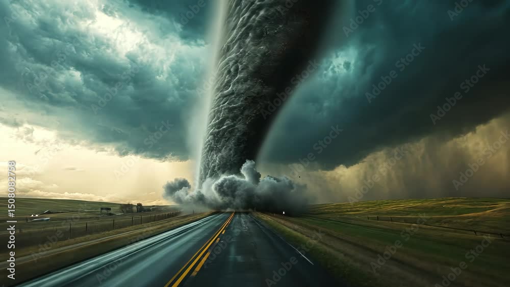 Powerful tornado forming over an empty highway in a dramatic stormy sky ...
