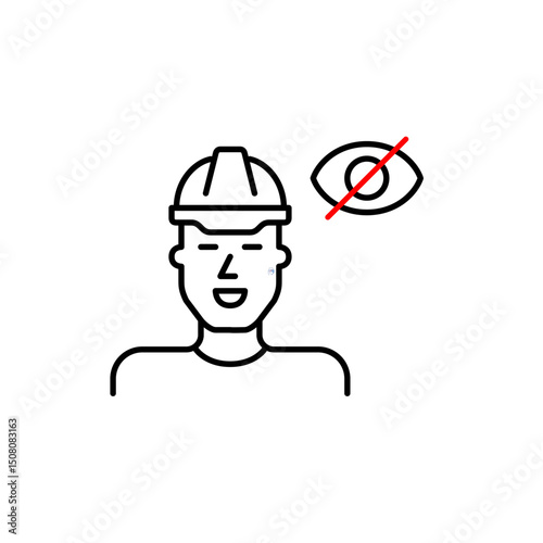 Vector icon of man wearing hard hat with crossed-out eye, symbolizing restricted access, hidden safety status, or confidential construction info. Ideal for industrial apps, safety platforms, and priva