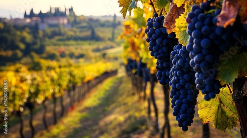 Clusters of dark purple grapes hanging from vines in a vineyard.