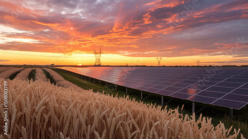 Solar Panels at Sunset Over Wheat Fields