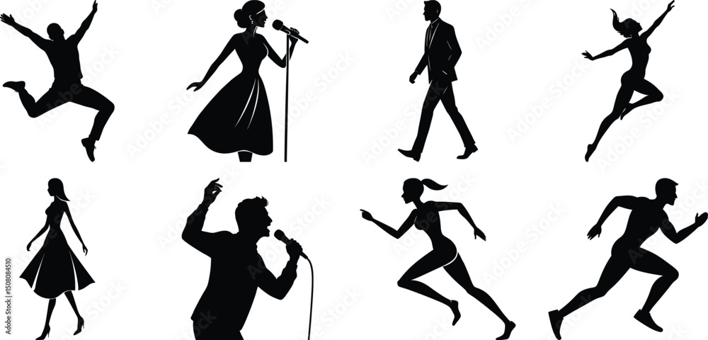 Fototapeta premium Young people and teenagers performing different activities silhouette set, dancing, singing, walking, reading, playing, running. Vector isolated on transparent background.