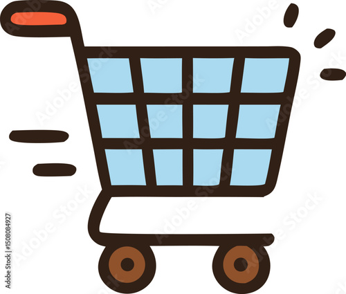 A blue shopping cart with a brown frame and wheels moves quickly