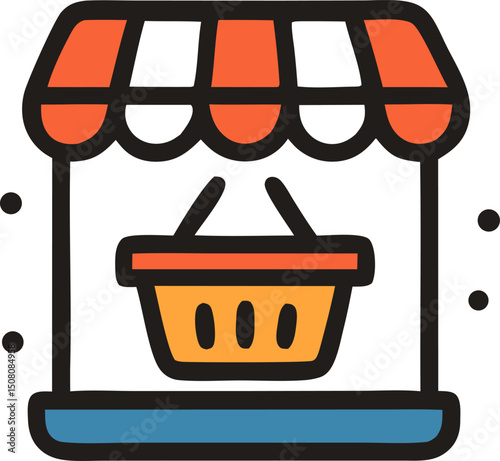 A store front with a shopping basket inside