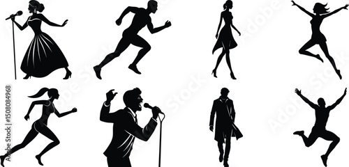 Young people and teenagers performing different activities silhouette set, dancing, singing, walking, reading, playing, running. Vector isolated on transparent background.