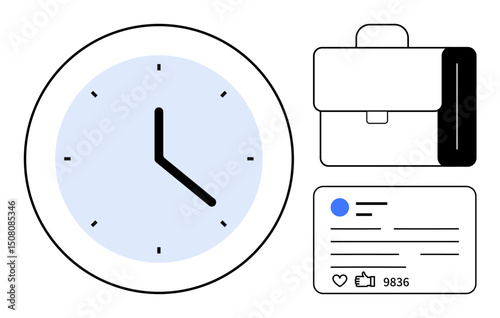 Clock indicating time, a briefcase symbolizing work, and a social media post highlighting engagement metrics. Ideal for productivity, scheduling, workplace balance, social media strategy, time