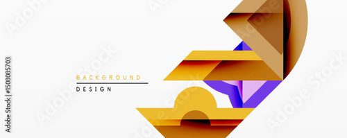 Abstract geometric composition. Overlapping layers create dynamic visual effect. Warm color palette dominates, featuring gold, brown, purple hues. Minimalist design suitable for backgrounds.