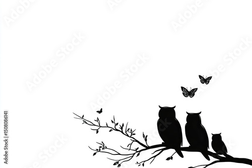 Black silhouettes of owls and butterflies on a branch.