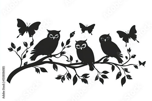 Silhouettes of owls and butterflies on a branch. photo
