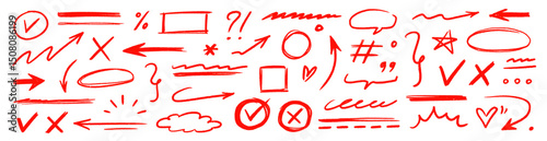 Hand drawn line arrow chalk brush stroke red icon set. Red crayon underline, check mark, scribble shapes with rough texture. Hand style symbols, arrows, star and frame highlight. Vector illustration