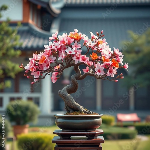Miniature Bonsai Tree with Lush Pink Blossoms on Ornamental Stand