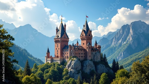 Majestic Fairy Tale Castle Surrounded by Lush Mountains and Sky