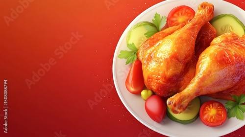 Roasted chicken drumsticks with vegetables on a plate.