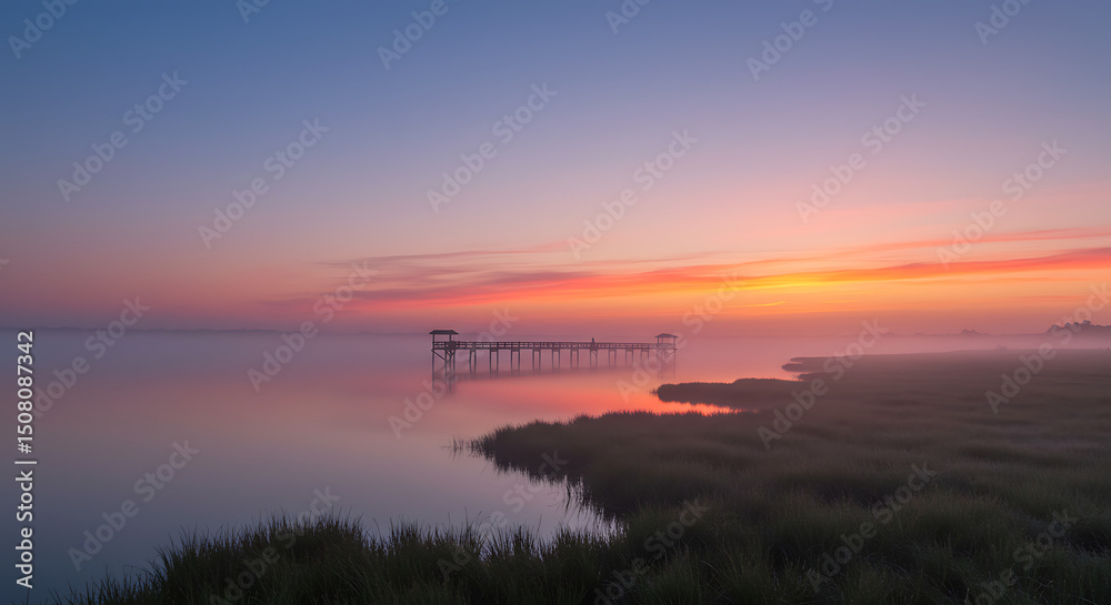 Obraz premium Serene Sunrise over Misty Marsh with Long Pier and Colorful Sky
