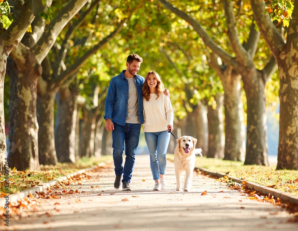 Fototapeta premium Couple strolls autumn path, dog by their side