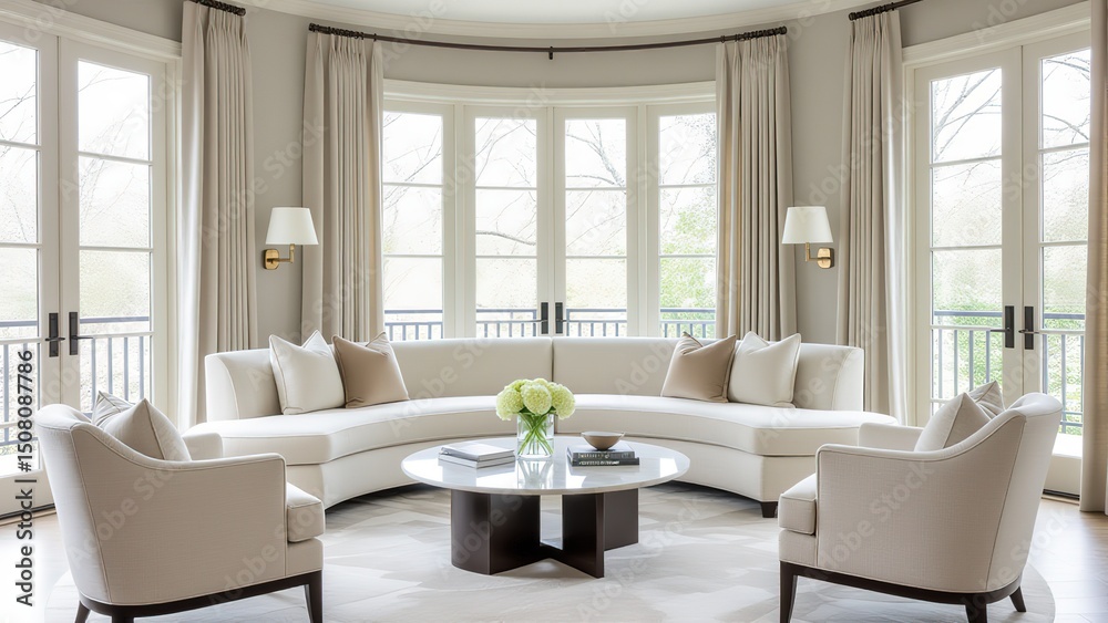 Fototapeta premium Elegant modern living room with circular sofa and large windows