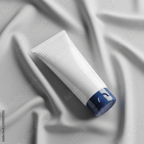 Sleek white cream tube with a contrasting blue lid, showcased on elegant silk material.
