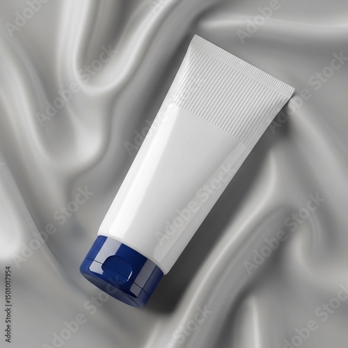 Unbranded skincare product packaging with a blue cap on a soft, flowing grey background.

