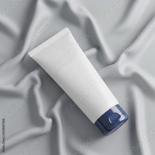 Blank lotion tube featuring a navy blue flip-top lid on luxurious silvery textile.

