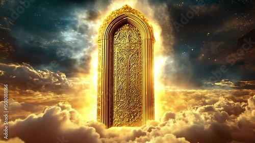 Golden door opening to heaven with clouds surrounding for a good man in a celestial realm, golden door open on heaven with cloud, for good man in faithful video background ing