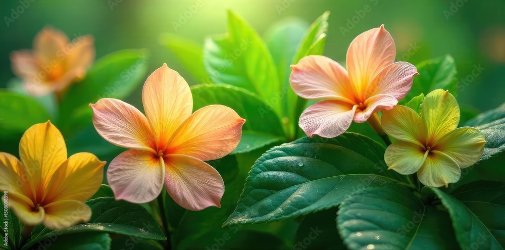 Obraz premium Close-up of lush green leaves and vibrant flowers, dewy and glistening with morning mist, suggesting natural beauty and skincare ingredients , unblemished, healthy, macro