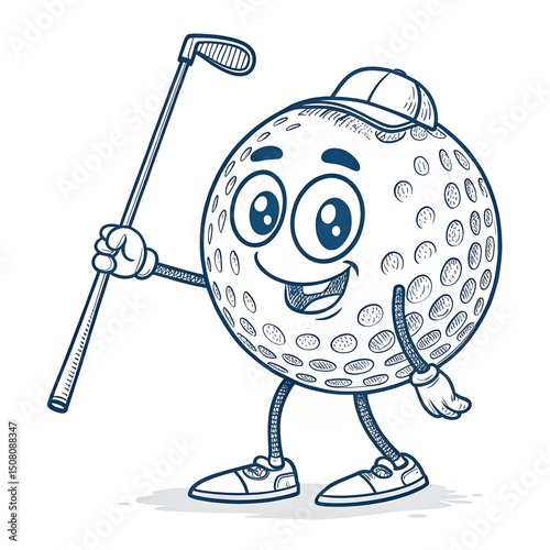 Mascot character of golf ball holding a golf stick .Silhouette Vector line art Illustration