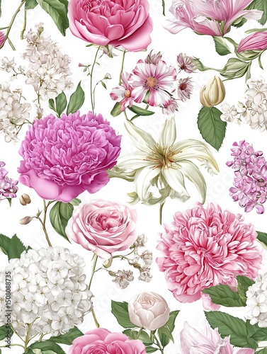 Wallpaper Mural Seamless tile pattern of Bright and vivid arrangement of spring flowers including roses, peonies, tulips, and daisies on a white seamless background. Generative AI Torontodigital.ca