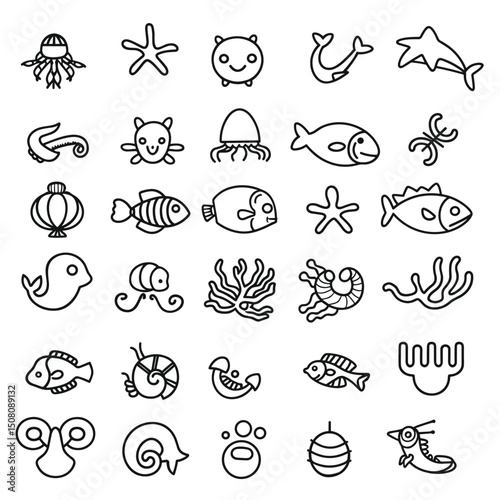 Collection of 30 outlinestyle marine life illustrations