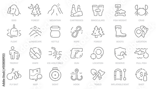 Collection of 30 thinlined icons labeled depicting outdoor activities and gear like hunting fishing and hiking