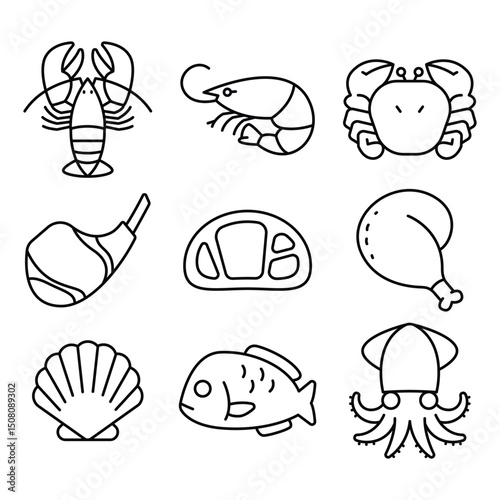 The image is a collection of nine food illustrations in outline format