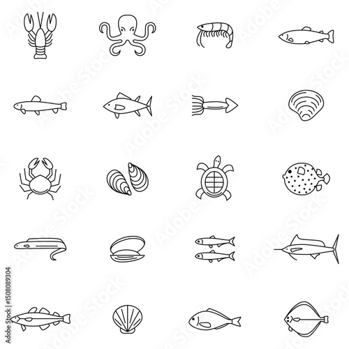 Outline illustration of 20 seafood icons arranged in a grid on a white background