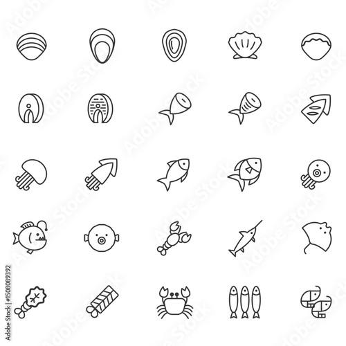 A grid of 25 seafood icons including fish shellfish and crustaceans