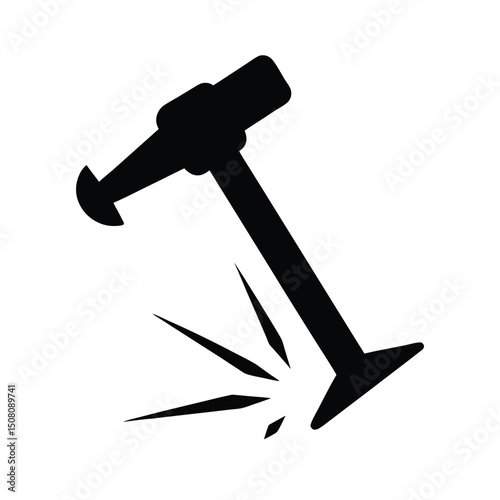 Hammer hitting an object represented by sparks in a minimal black and white icon