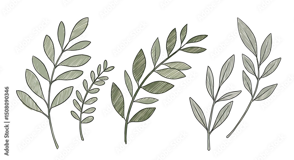 Fototapeta premium Elegant Hand Drawn Greenery Set of Five Botanical Illustrations Sage Green Leaves Nature Design