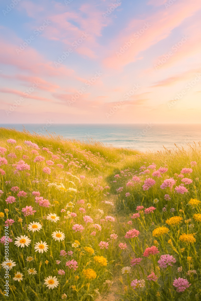 Obraz premium Golden wildflower meadow stretching toward a tranquil ocean horizon, bathed in warm golden-hour sunlight under a pastel pink and blue sky. Serene coastal path evoking peaceful summer escape vibes.