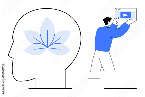 Human head profile with a lotus flower symbolizing mindfulness, man presenting video content. Ideal for wellness, productivity, focus, creativity, education, self-improvement, simple landing page