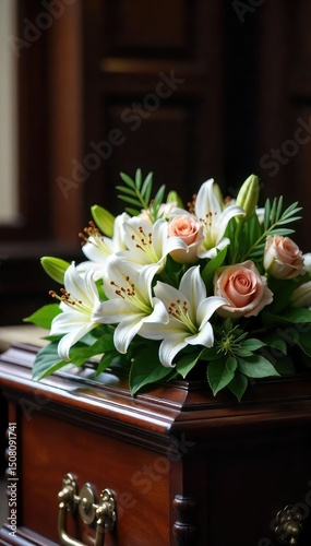 A somber bouquet of lilies and roses rests on a dark wood casket, signifying grief and remembrance at a funeral service  The scene evokes feelings of loss and solemnity ,  solemn,  still