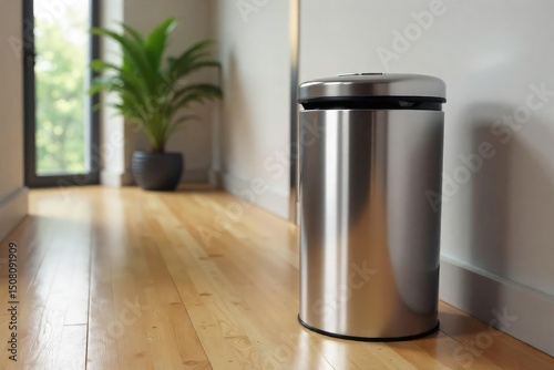 A sleek, modern wastebasket can, metallic silver in color, sits on a polished wood floor Perfect for office, home, or commercial settings Clean lines and minimalist design , functional, stylish