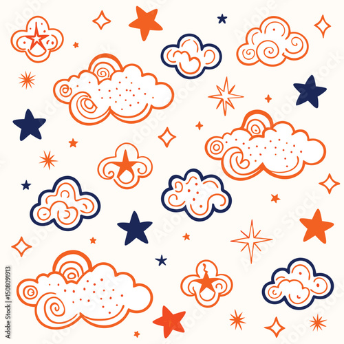 Playful seamless pattern of whimsical clouds and stars in soft orange and navy colors, great for children’s textiles, nursery wallpapers, bedtime stories, and dreamy decor


