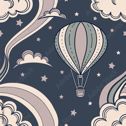 Vector illustration of a hot air balloon floating in the night sky among stars, clouds, and moon, ideal for dreamy travel posters, nursery art, adventure themes, and magical story visuals

