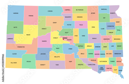 South Dakota, U.S. state, subdivided into 66 counties, multi colored political map with capital Pierre, borders and county names. North Central region of United States.