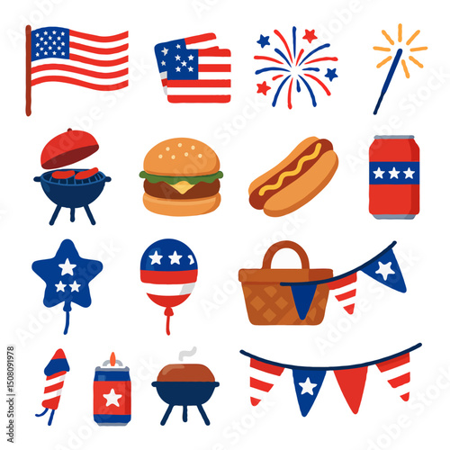 American Independence Day Icons Featuring Food, Flags, Fireworks, and Decorations