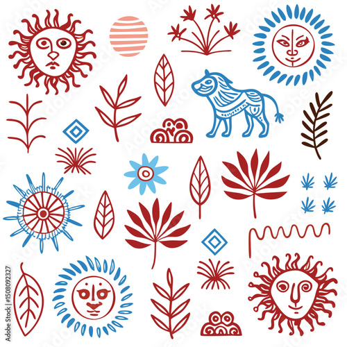Seamless pattern of cute cartoon jungle animals like lion, fox, and tiger with nature elements, ideal for kids products, textile prints, nursery wallpapers, and educational materials

